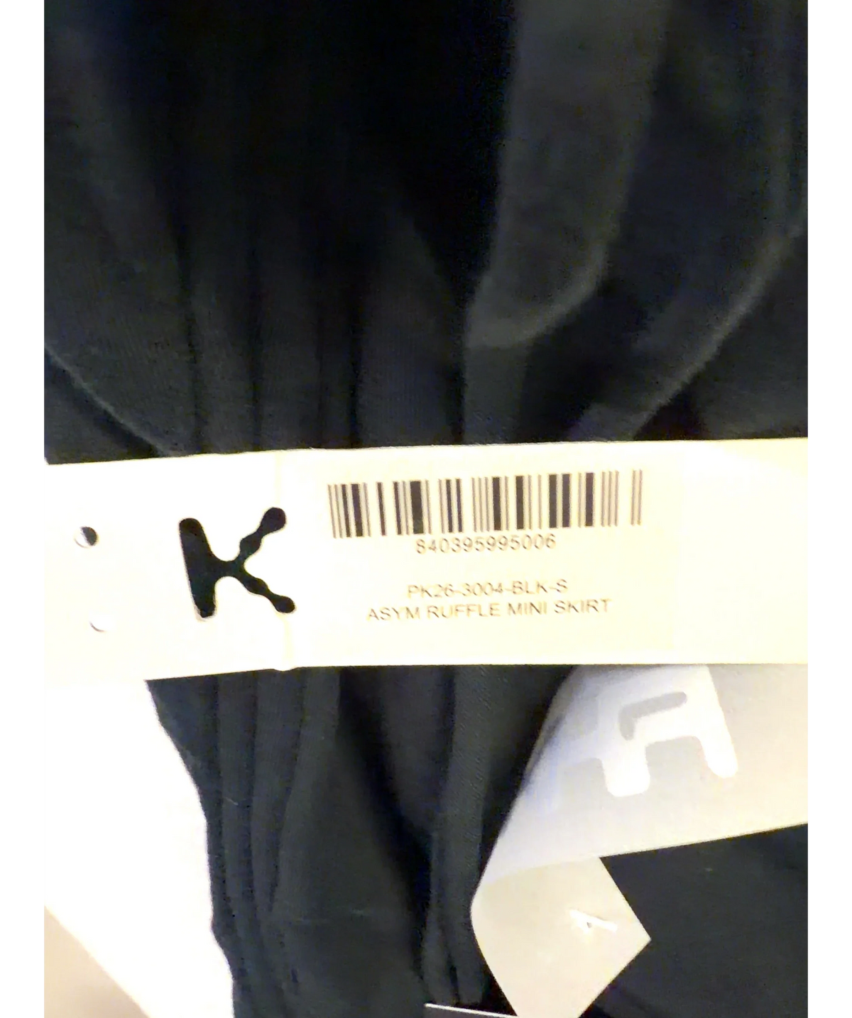 K Black ASYM RUFFLE MINI SKIRT, size UK S — label