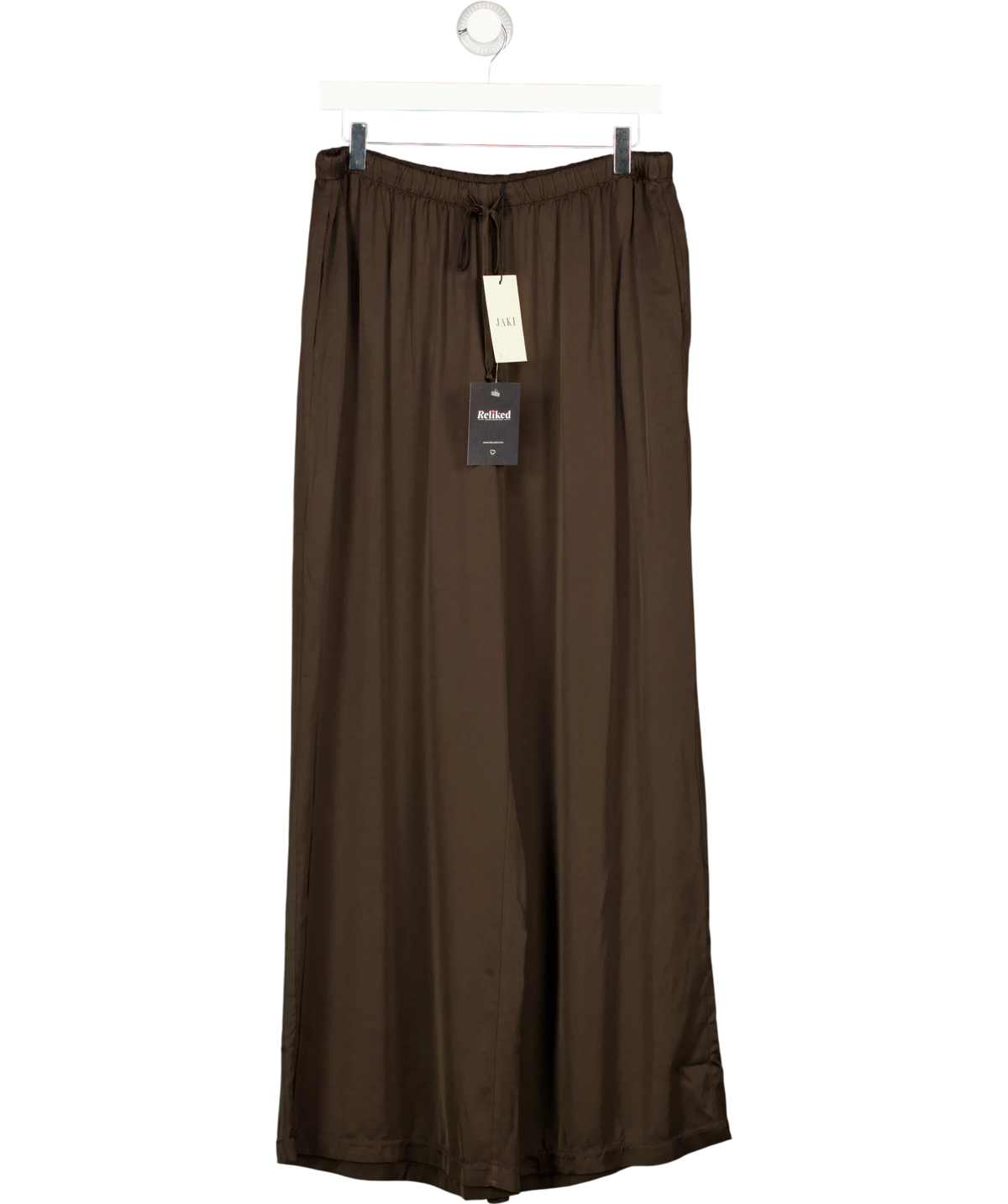 JAKI LONDON Brown Nora Drawstring Satin Pants, size UK XL — front