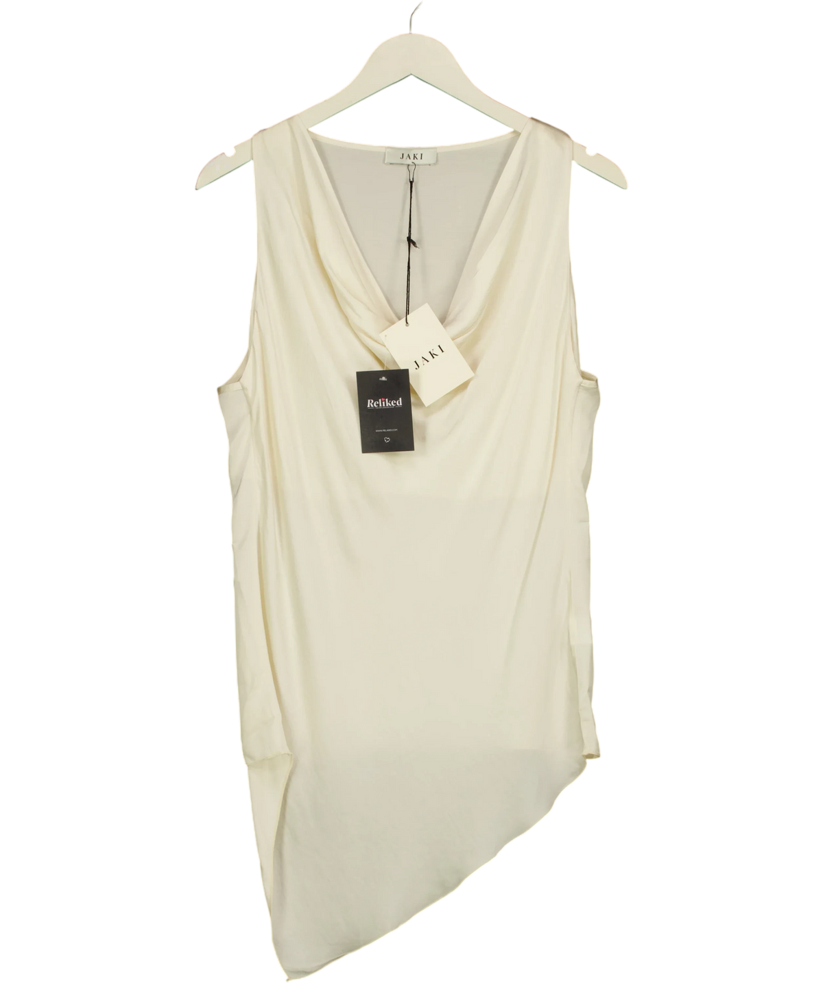 JAKI LONDON Cream Les Asymmetric Cowl Neck Satin Top, size UK XL — front