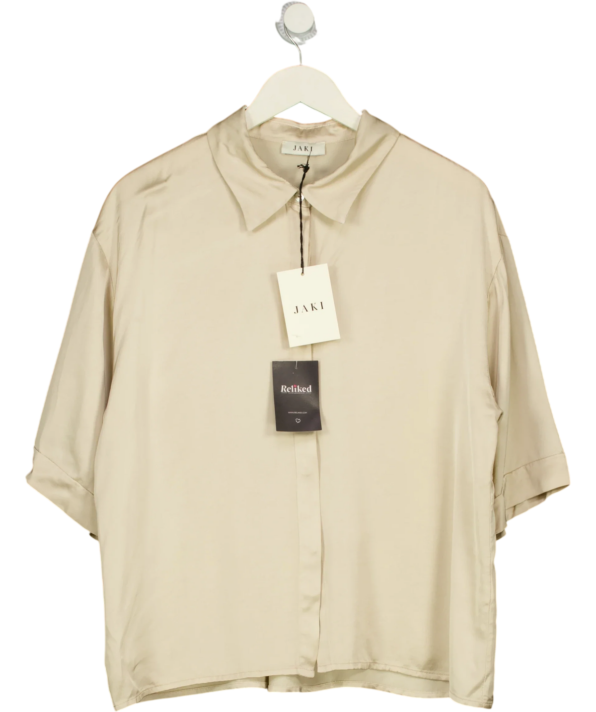 JAKI LONDON Beige Rhea Satin Shirt, size UK XL — front
