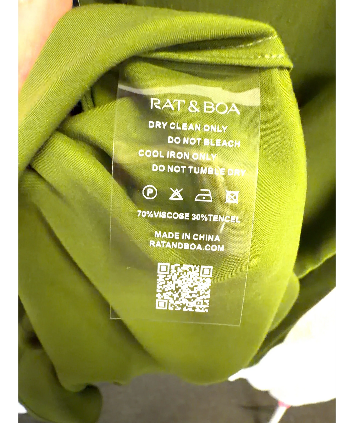 Rat & Boa Green Willow Shirt, size UK S — label