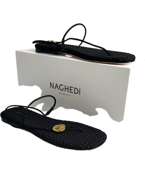Naghedi Gaia Black Woven Neoprene Sandal with Brushed Gold Hammered Detail  UK 6 EU 39