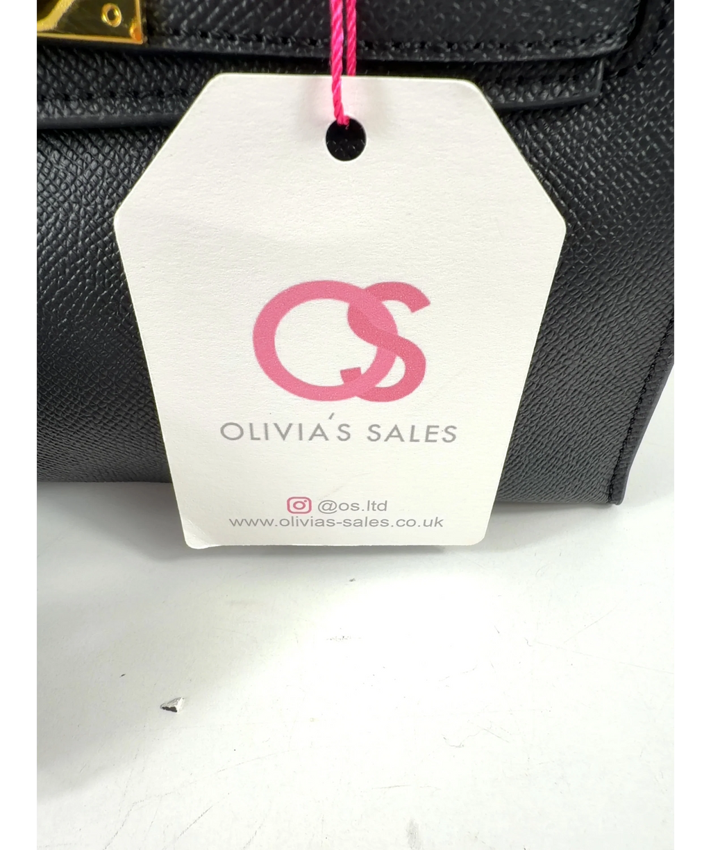 OLIVIA'S SALES Black 'Lluvia' Top Handle Satchel Mini Tote Bag with Turn-Lock Closure — label