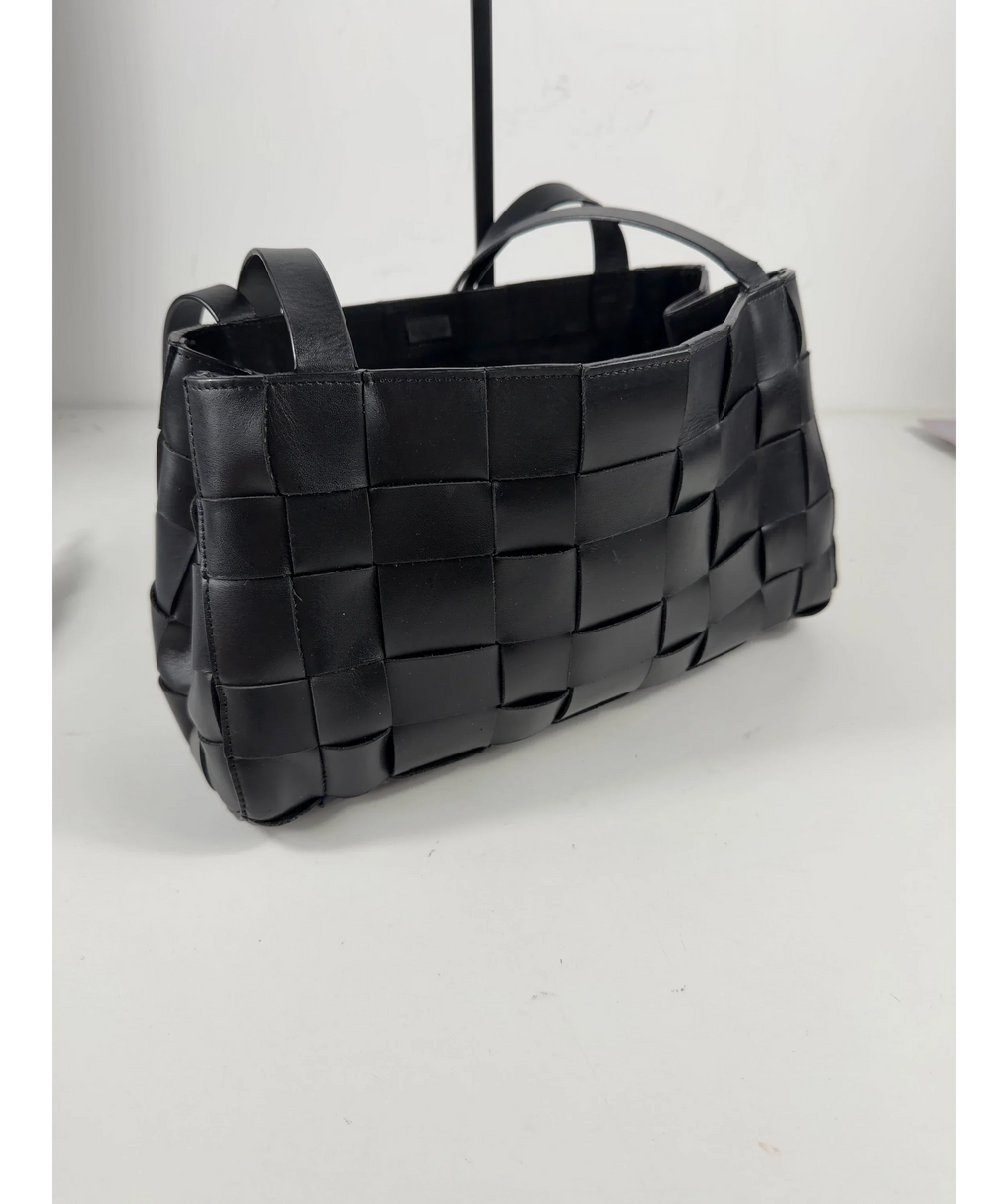 St Agni Black Slim Woven Leather Tote Bag — care label