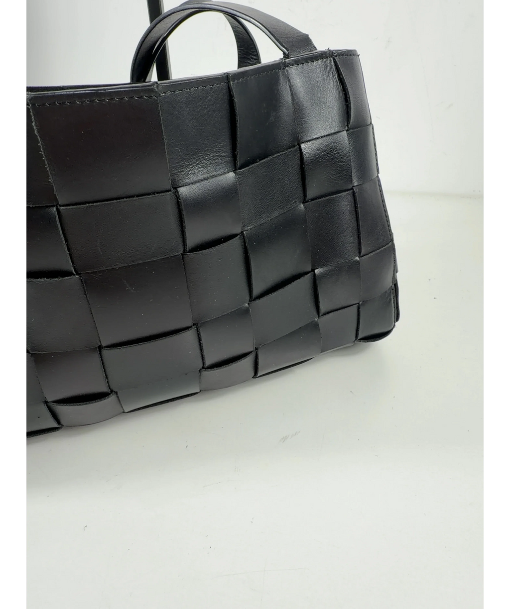 St Agni Black Slim Woven Leather Tote Bag — fabric detail