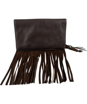 Kettle Black Espresso Brown Leather & Suede  Fringe Fold-over Clutch Bag
