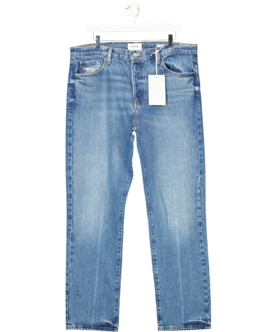 FRAME Blue Le Slouch Mid-Rise Straight Jeans, size UK 32 — front