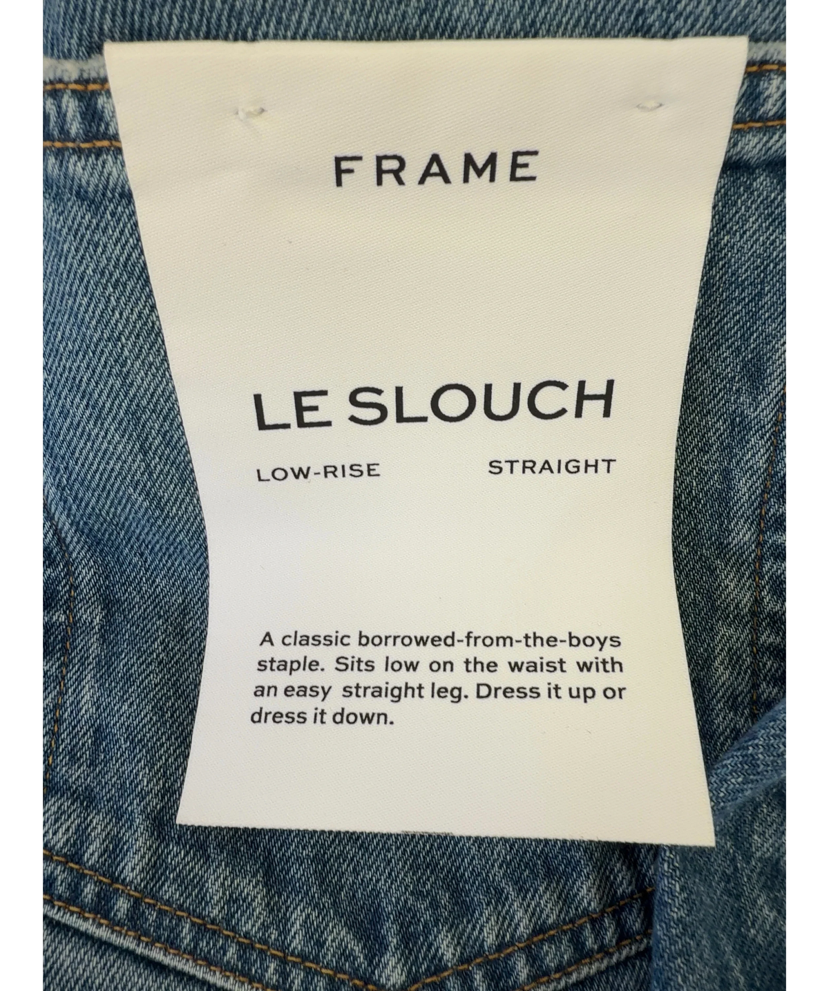 FRAME Blue Le Slouch Mid-Rise Straight Jeans, size UK 32 — label