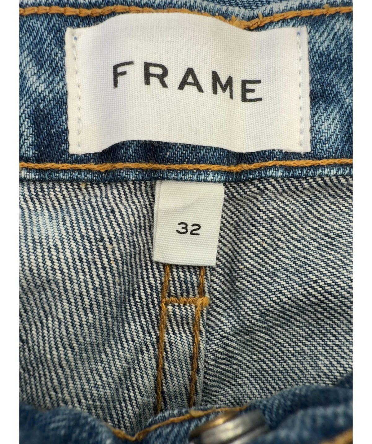 FRAME Blue Le Slouch Mid-Rise Straight Jeans, size UK 32 — care label