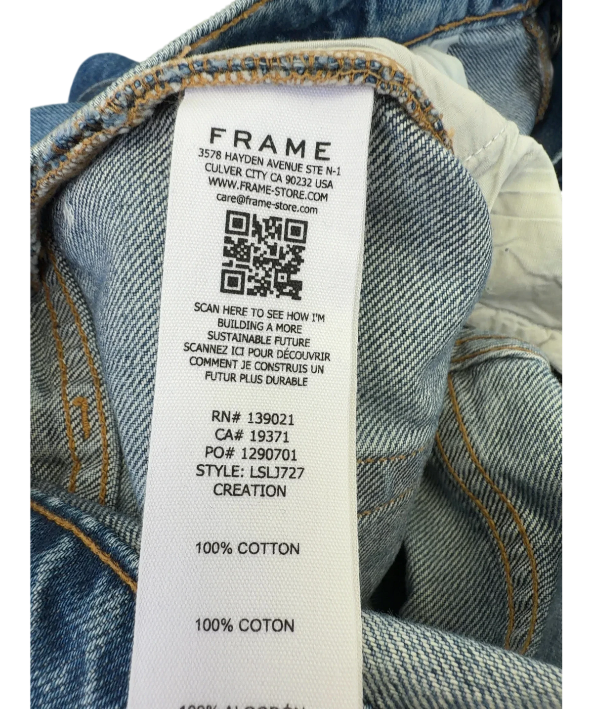 FRAME Blue Le Slouch Mid-Rise Straight Jeans, size UK 32 — fabric detail