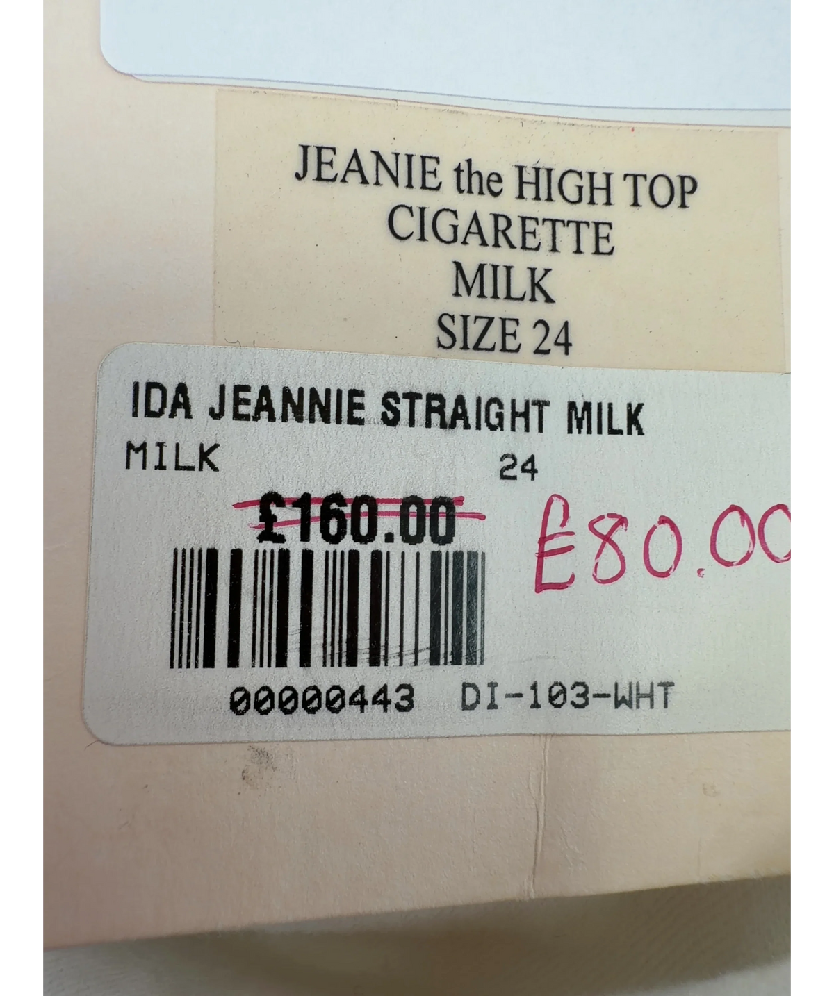 IDA White Jeanie the High Top Cigarette, size W24 — label