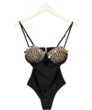 PatBO Black Beaded Shell Embellished Swimsuit UK S