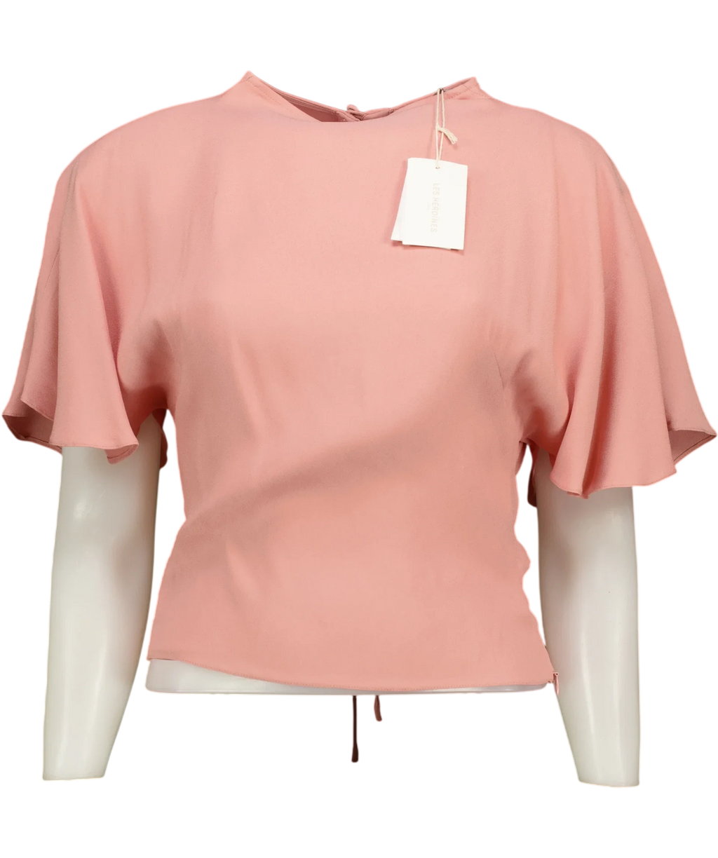 Les Héroïnes Pink Cutout Lace-up Gathered Draped Crepe Blouse, size UK 6 — front