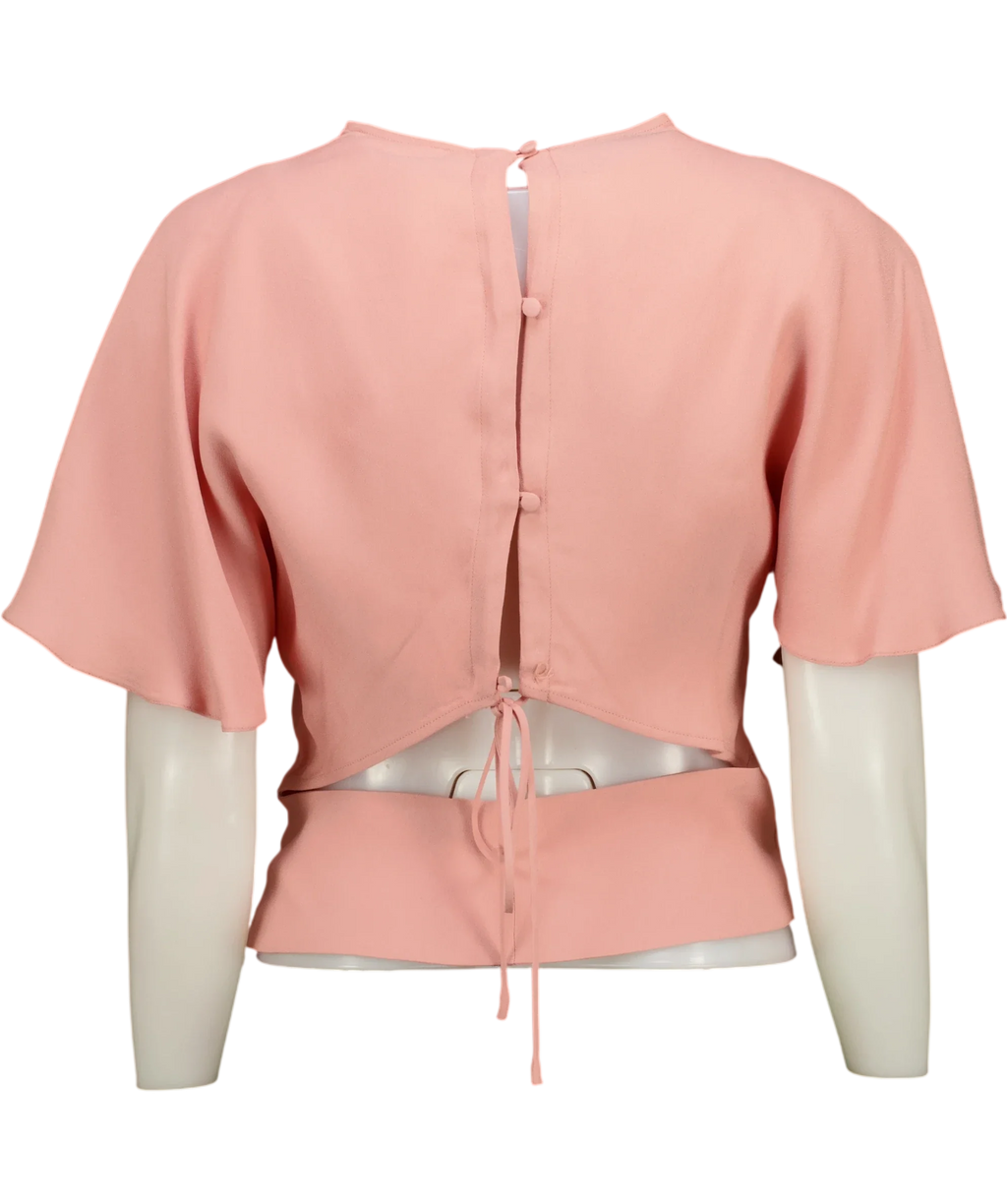 Les Héroïnes Pink Cutout Lace-up Gathered Draped Crepe Blouse, size UK 6 — back