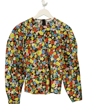GANNI Crystal-Embellished Floral-Print Organic Cotton-Poplin Blouse UK 8