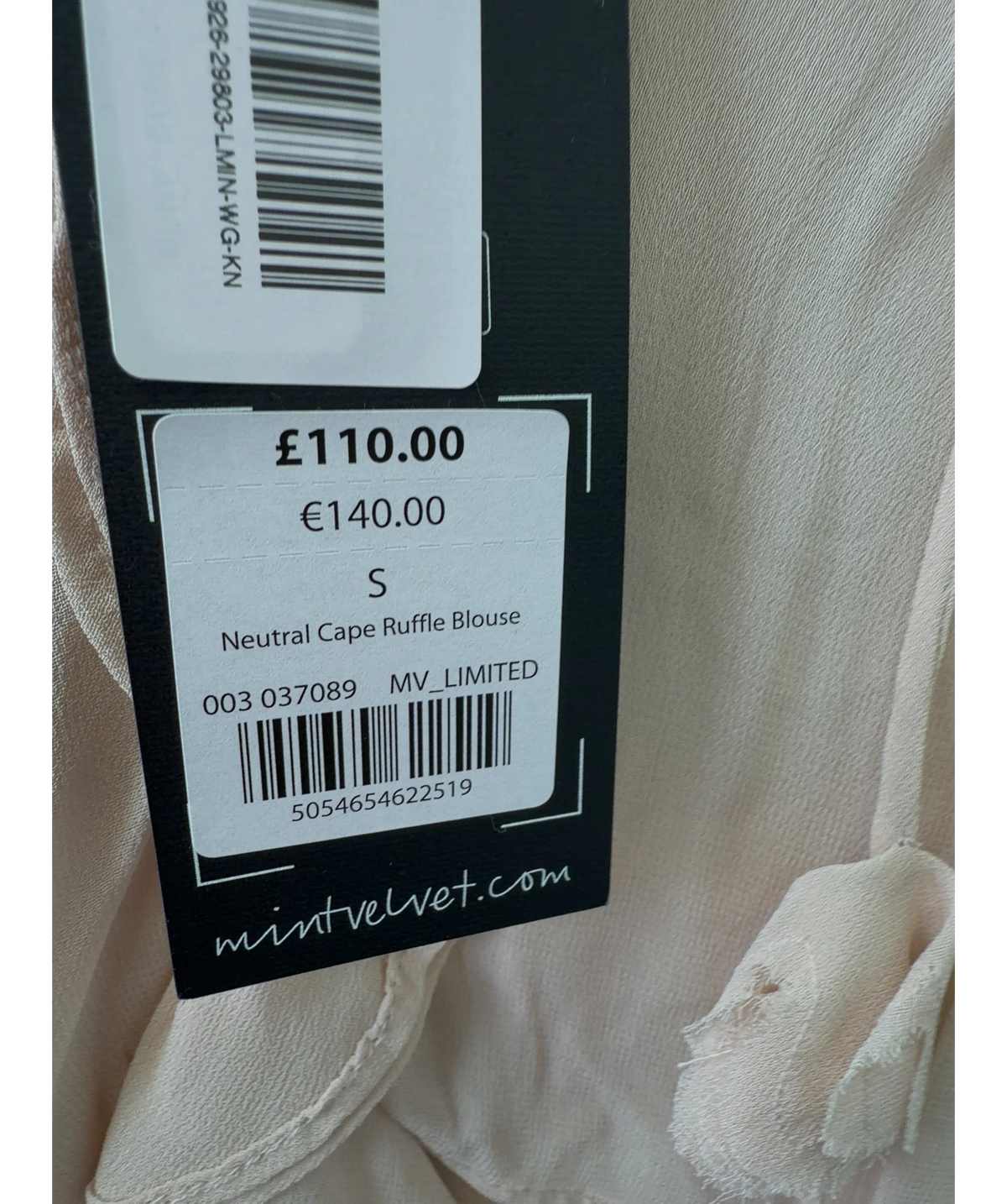 Mint Velvet Nude Neutral Cape Ruffle Blouse, size UK S — label