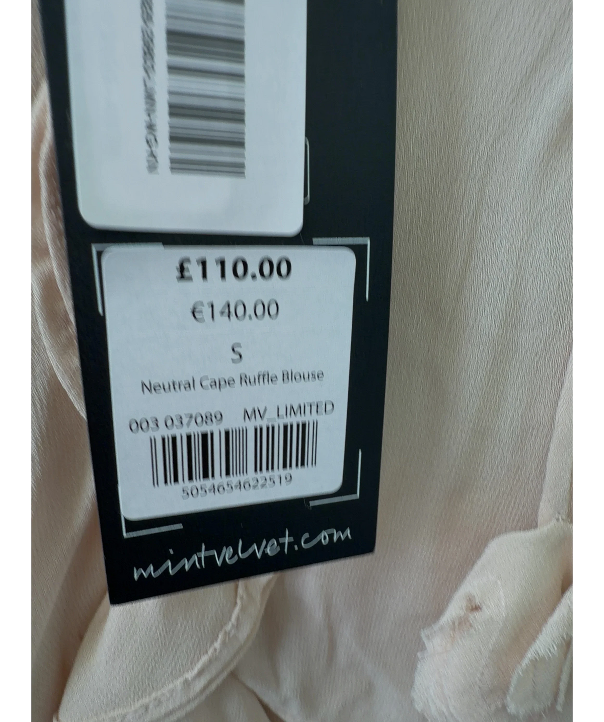 Mint Velvet Nude Neutral Cape Ruffle Blouse, size UK S — care label