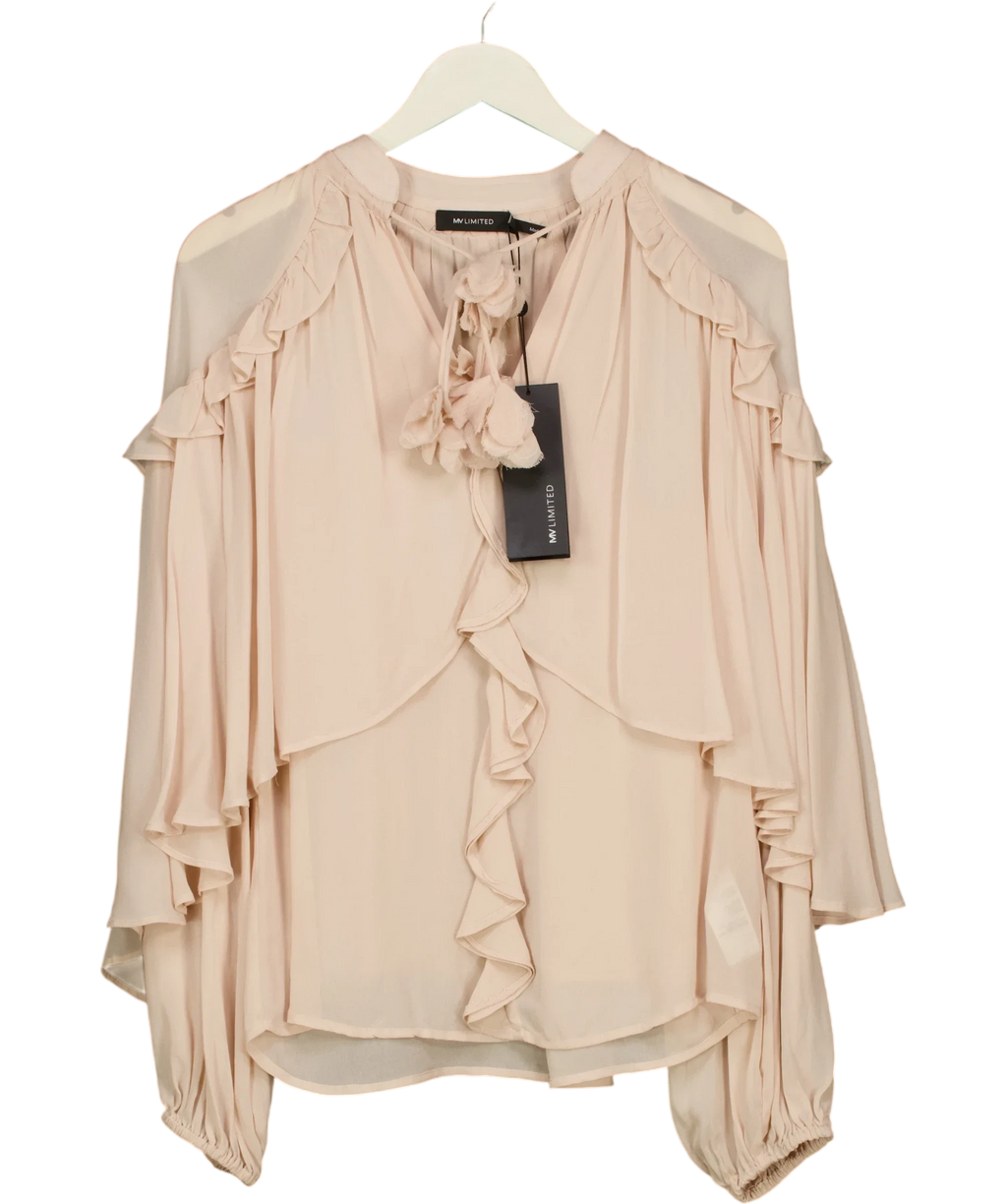 Mint Velvet Nude Neutral Cape Ruffle Blouse, size UK S — front