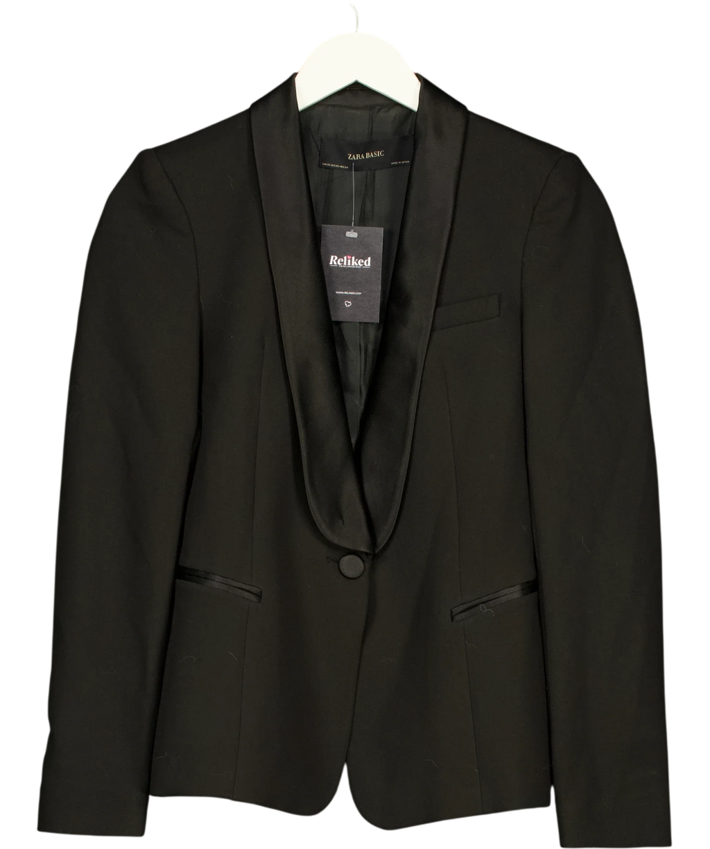 ZARA Black satin shawl-lapel blazer, size UK XS — front