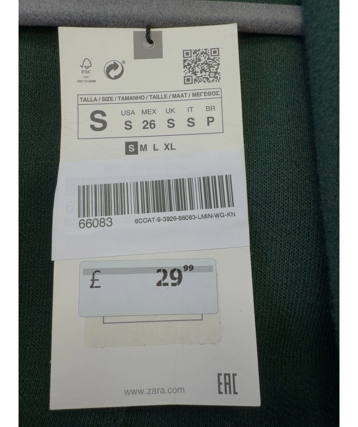 ZARA Green Colour, size UK S — care label