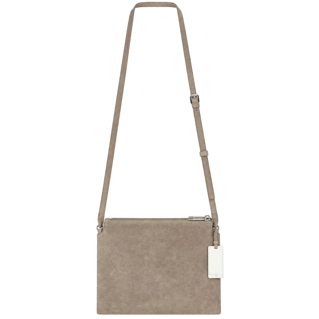 The White Company taupe Suede Double Zip Pouch Crossbody Bag — front