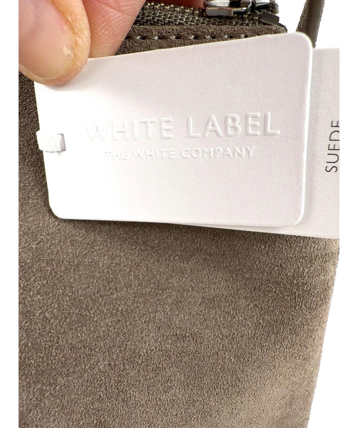 The White Company taupe Suede Double Zip Pouch Crossbody Bag — label