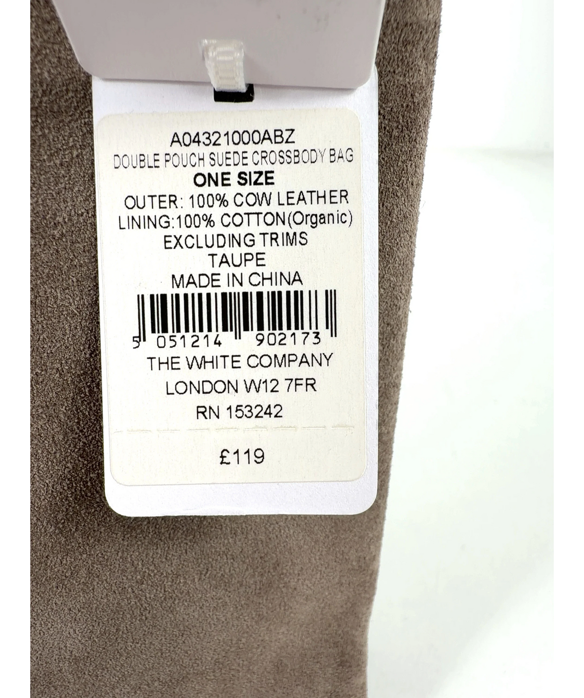 The White Company taupe Suede Double Zip Pouch Crossbody Bag — care label