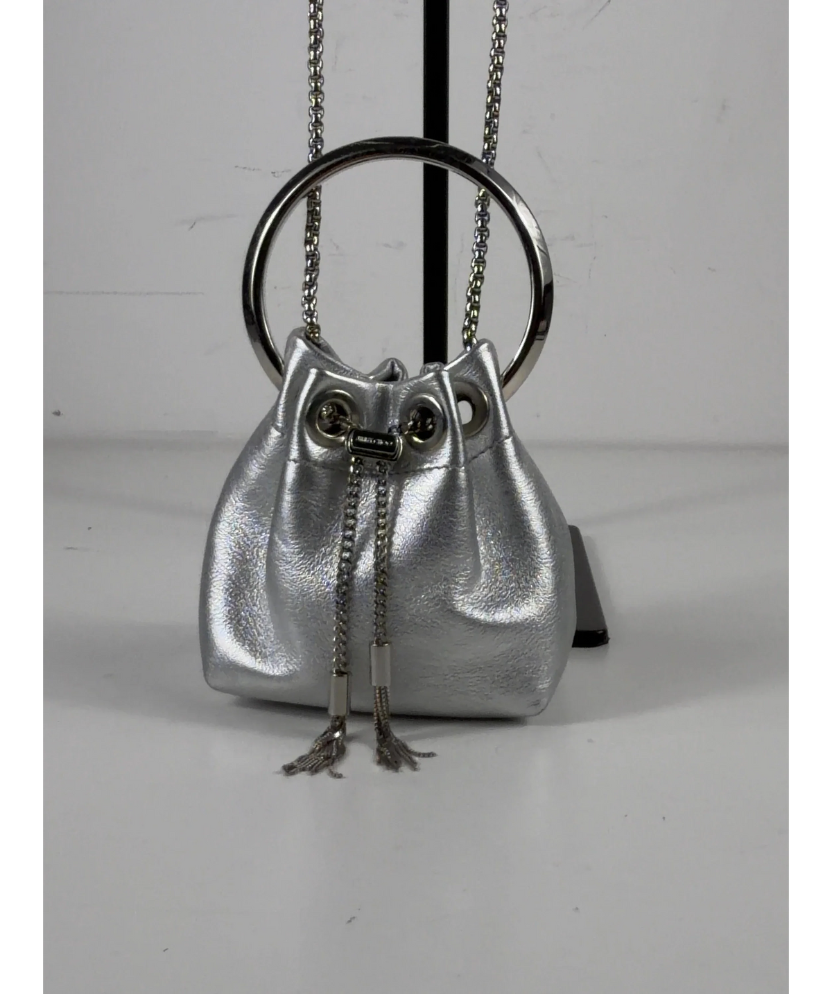 Jimmy Choo silver Silver Metallic Nappa Bon Bon Bag with Metal Handle — care label