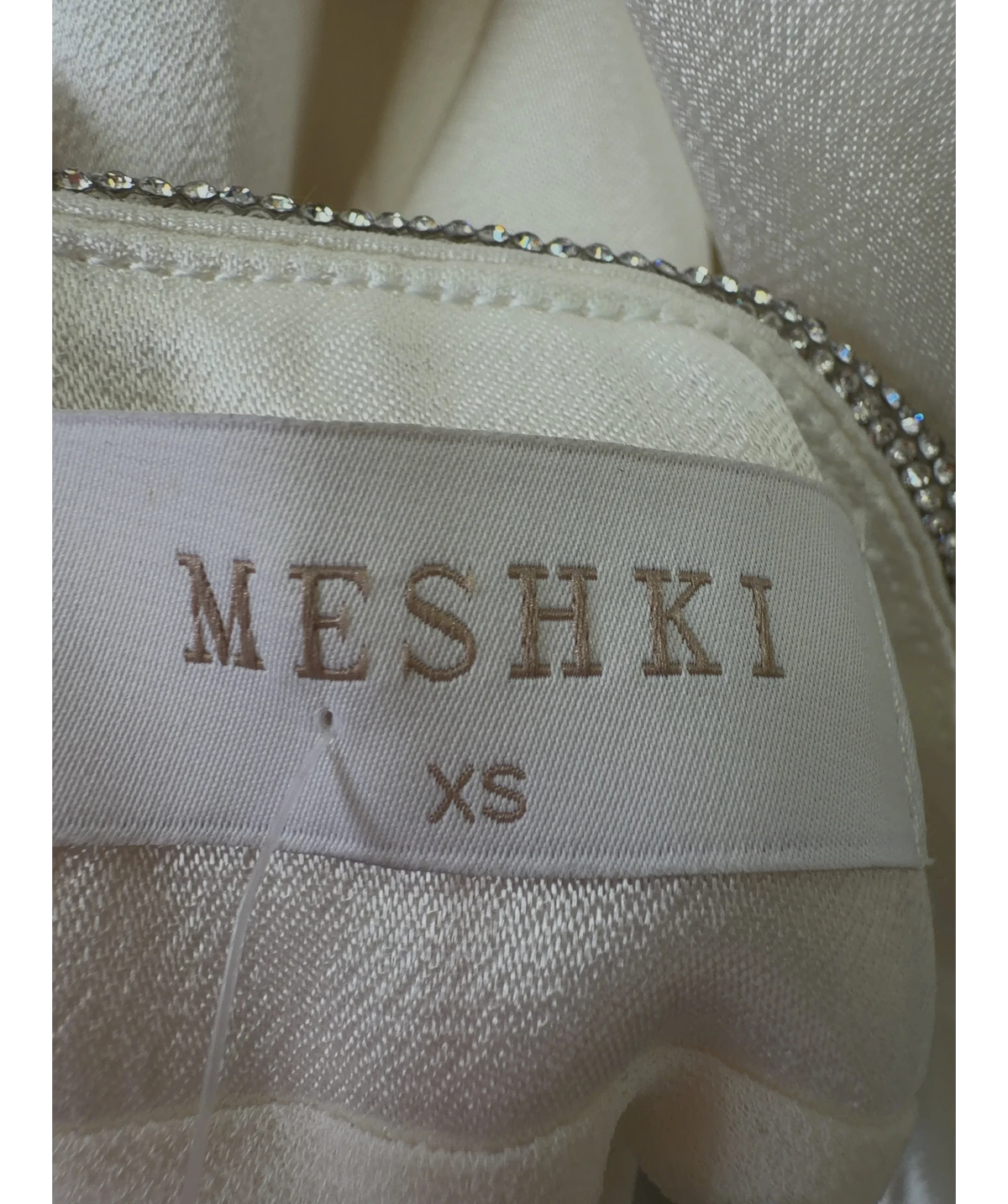Meshki White white maxi skirt with rhinestone trim and side slit, size UK XS — detail