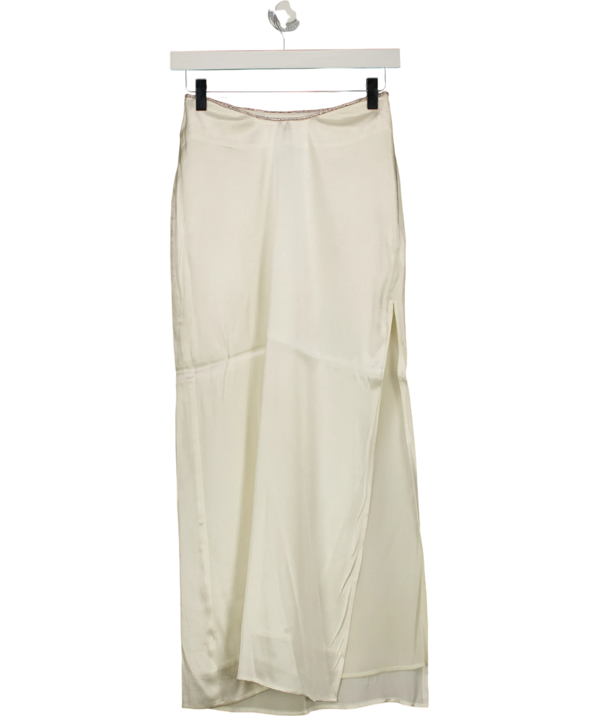 Meshki White white maxi skirt with rhinestone trim and side slit, size UK XS — front