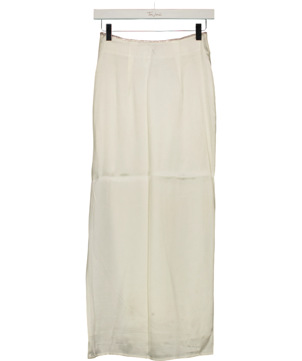 Meshki White white maxi skirt with rhinestone trim and side slit, size UK XS — back