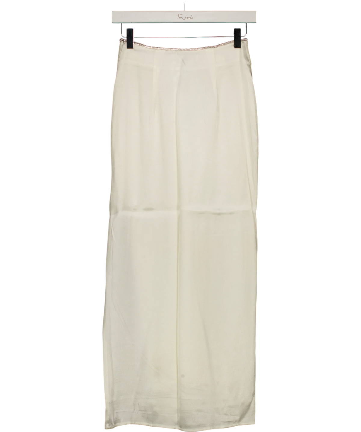 Meshki White white maxi skirt with rhinestone trim and side slit, size UK XS — back