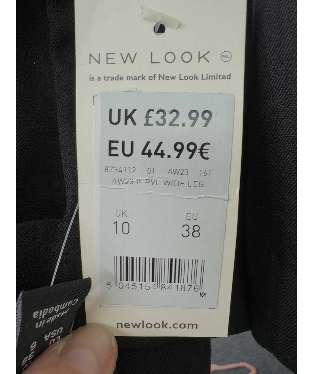 New Look Black Black Pleated Front Wide Leg Trousers, size UK 10 — label