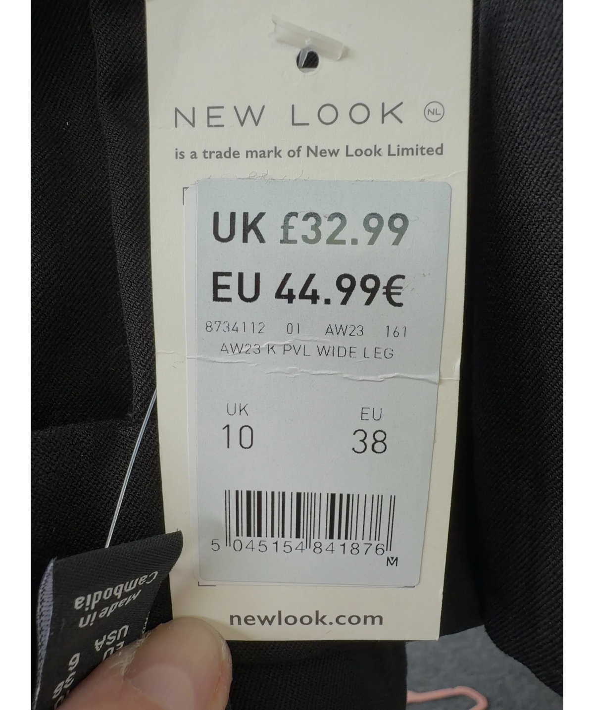 New Look Black Black Pleated Front Wide Leg Trousers, size UK 10 — care label