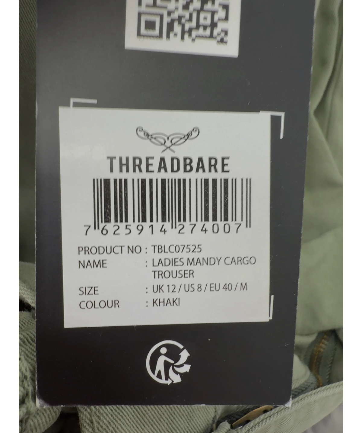 Threadbare khaki Mandy Cargo Trouser, size UK 12 — label