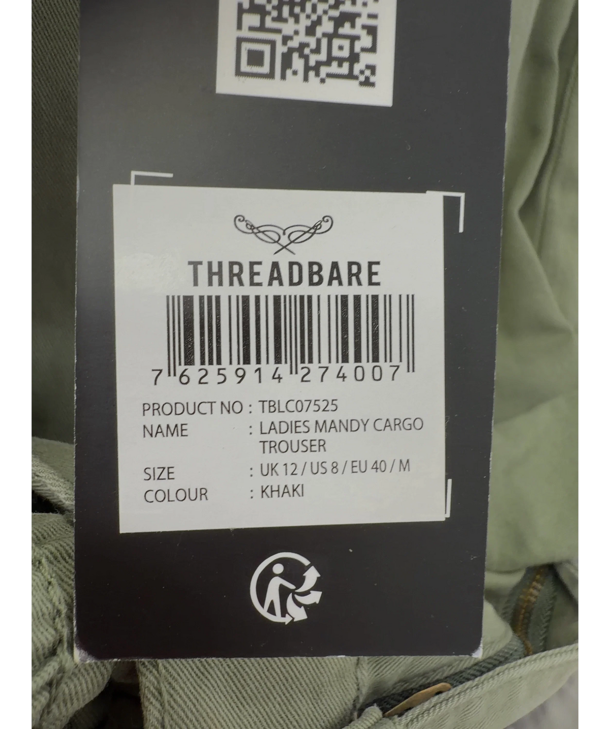 Threadbare khaki Mandy Cargo Trouser, size UK 12 — care label