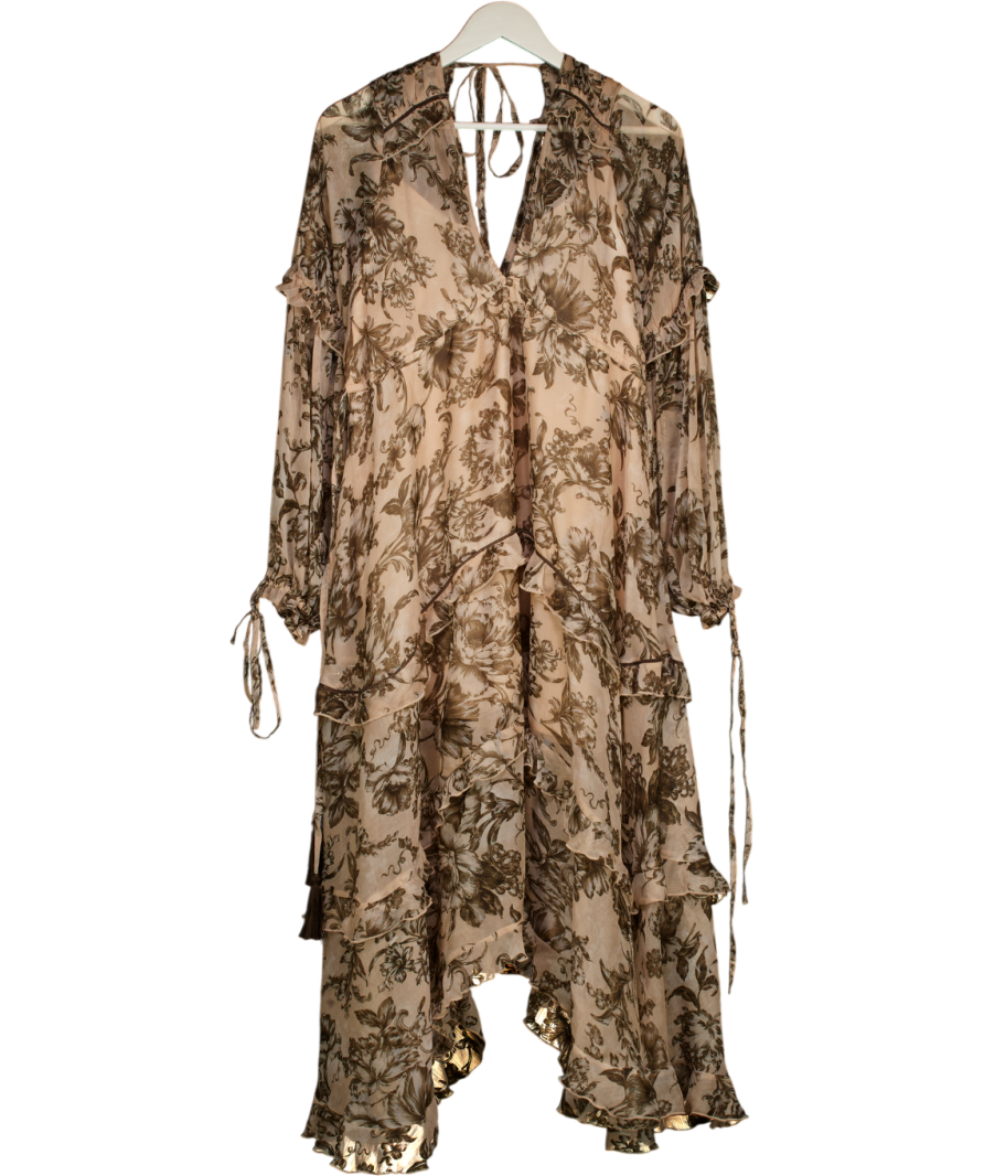 ASOS Beige Ruched Midi Dress In Floral Print With Lace Trim UK 10