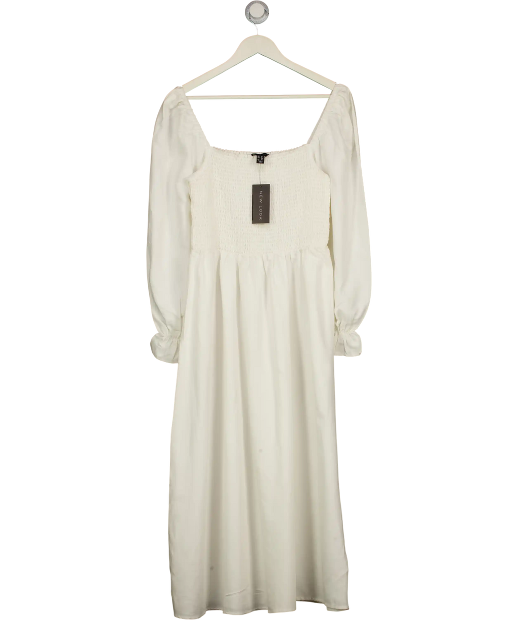 New Look White Textured Shirred Midi Dress UK 12