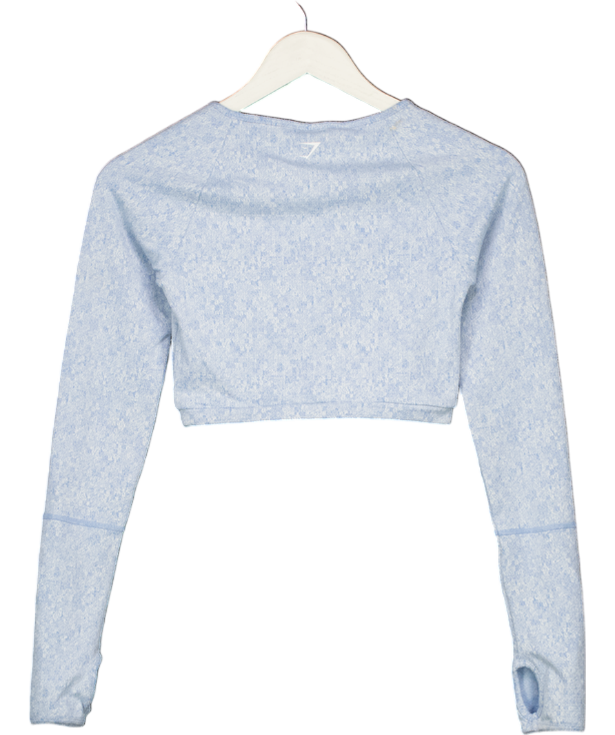 GYMSHARK Blue Fleur Textured Long Sleeve Crop Top UK XS