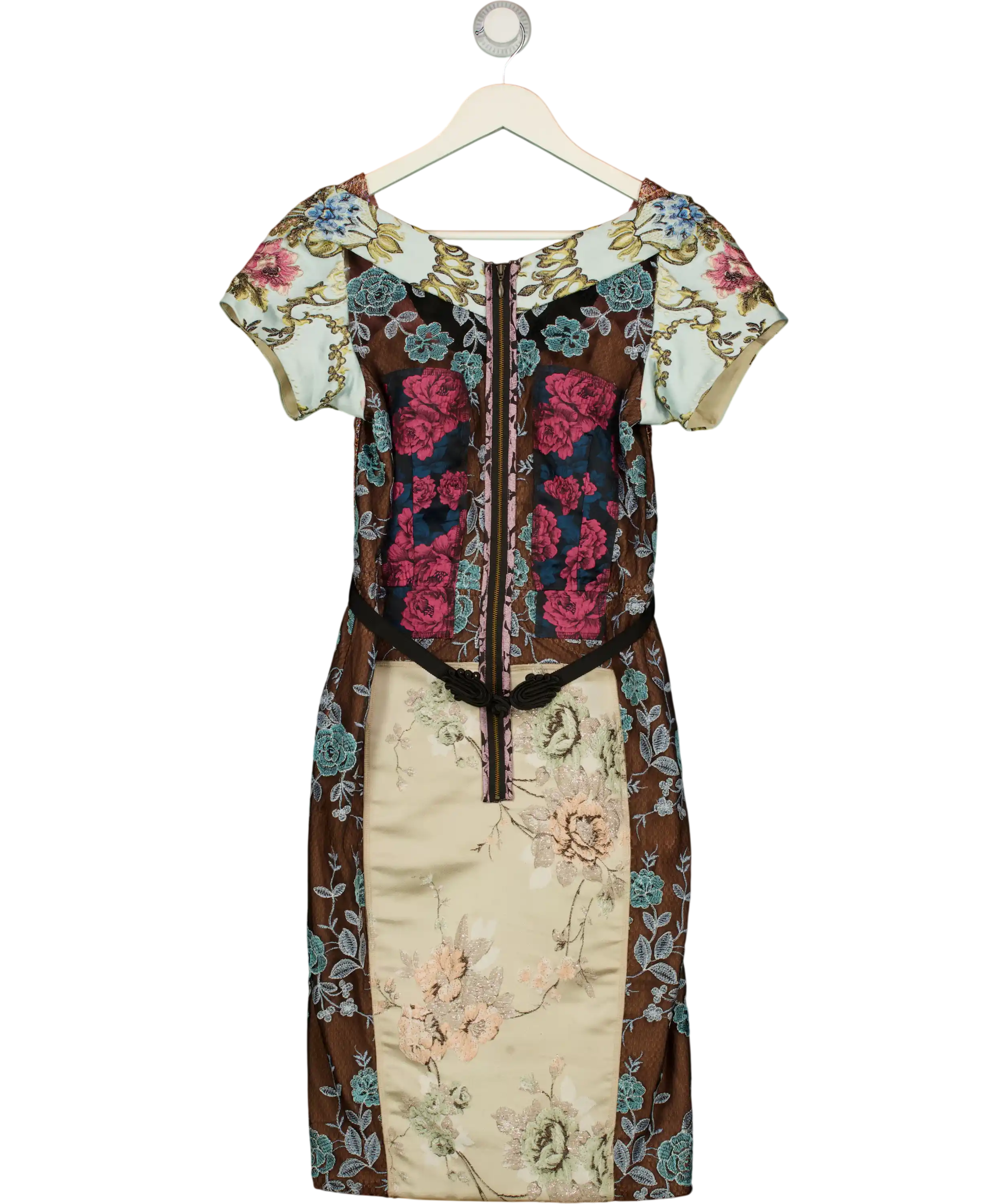 BEGUILE BY BYRON LARS Multicoloured Pieced Brocade Sheath Dress Size Us 8 UK 12