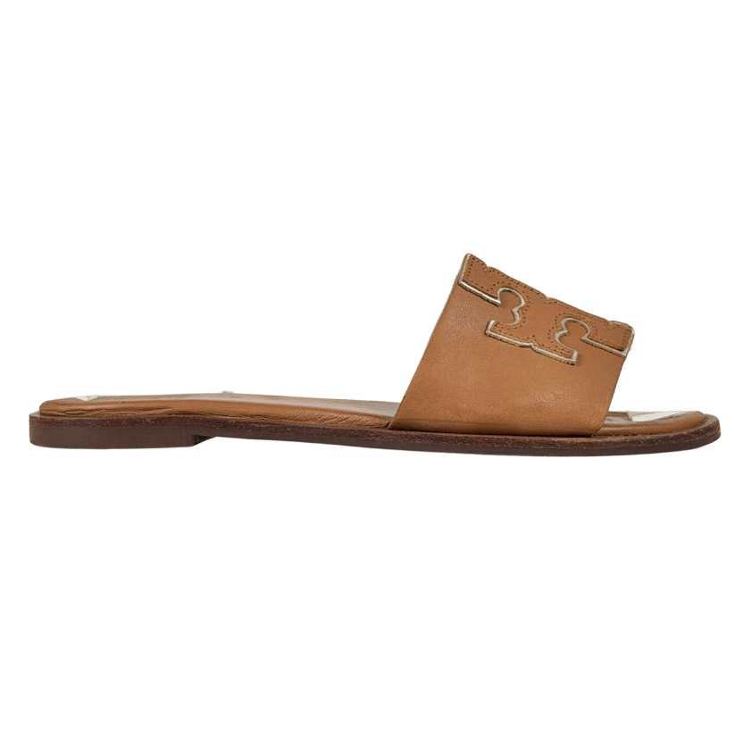 TORY BURCH Ines Flat Leather Slide Sandals Tan Brown Us6m UK 4 EU 37