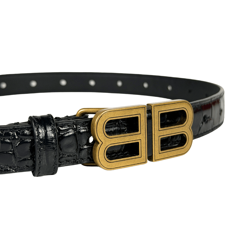 BALENCIAGA BB Thin Belt In Black Embossed Calfskin Leather 80cm One Size