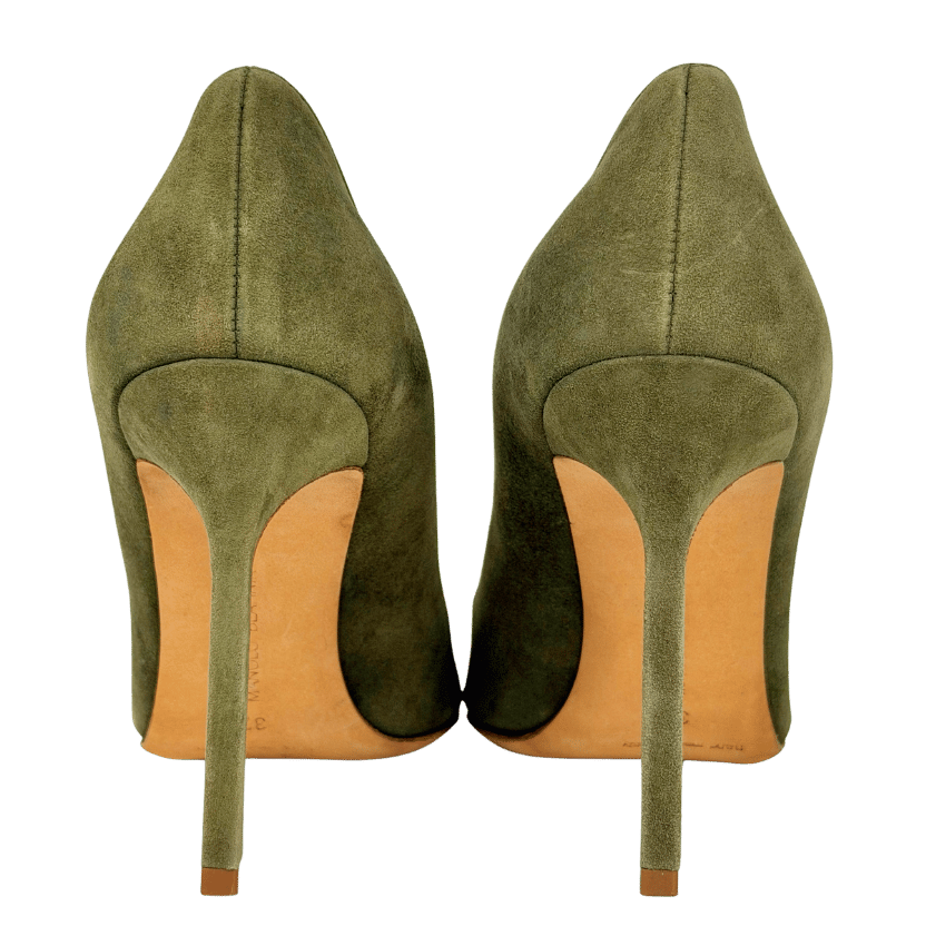 MANOLO BLAHNIK Olive Green Suede Classic Pointed Toe Heels UK 4 EU 37 👠