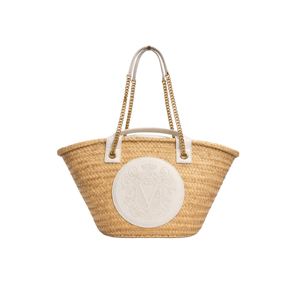 Veronica Beard White Crest Raffia Market Tote - Natural Straw/white