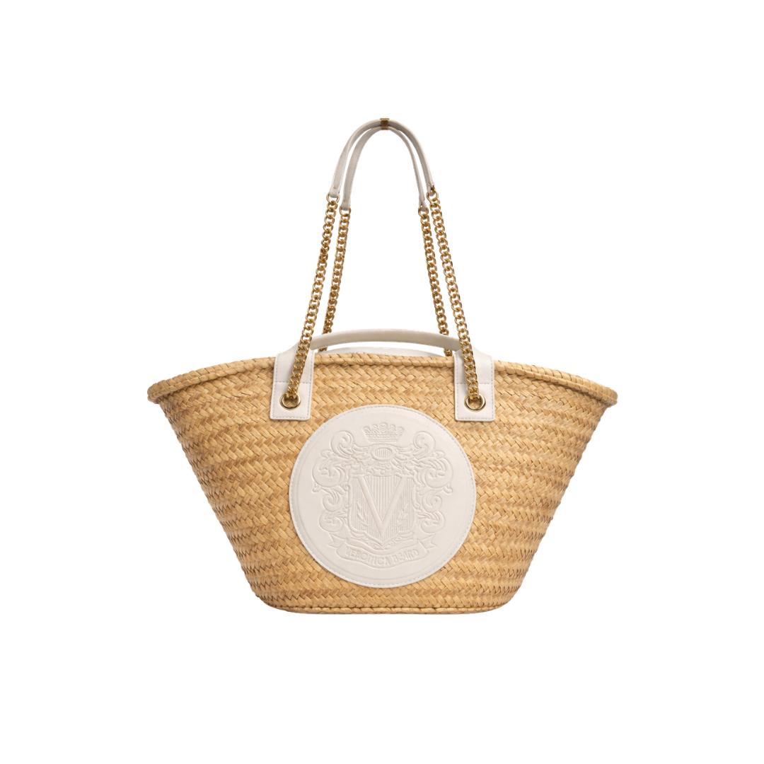 Veronica Beard White Crest Raffia Market Tote - Natural Straw/white