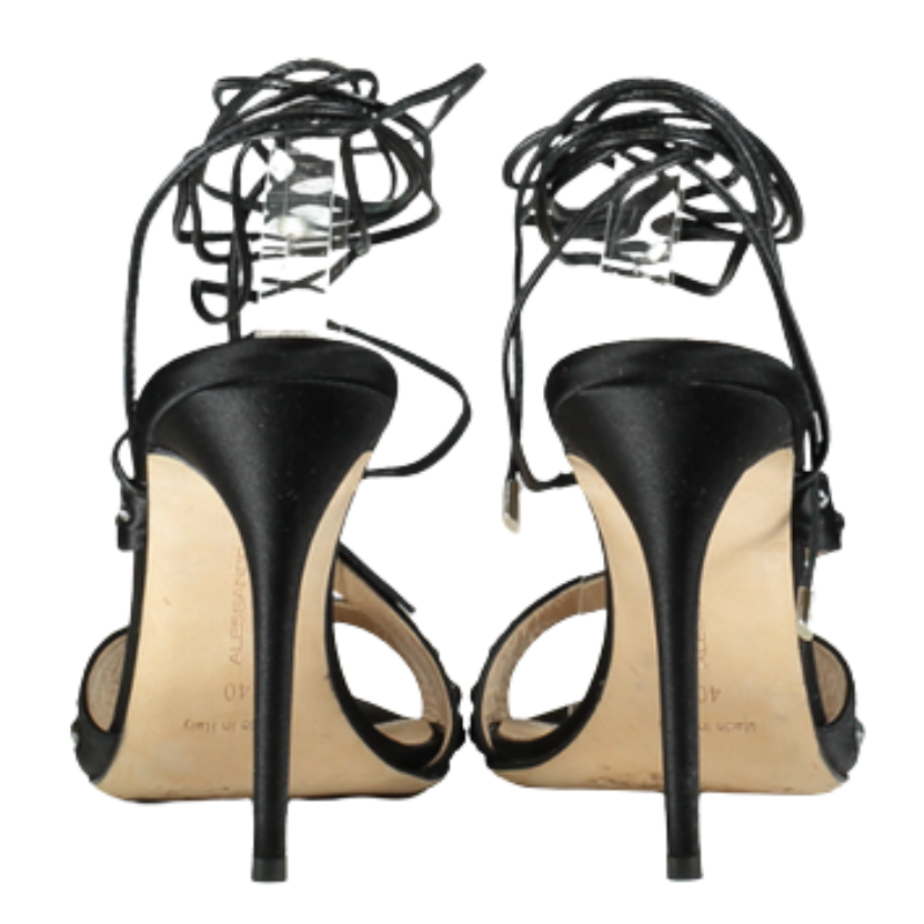Alessandra Rich Black 100mm Visocse & silk satin Embellished sandals UK 7 EU 40
