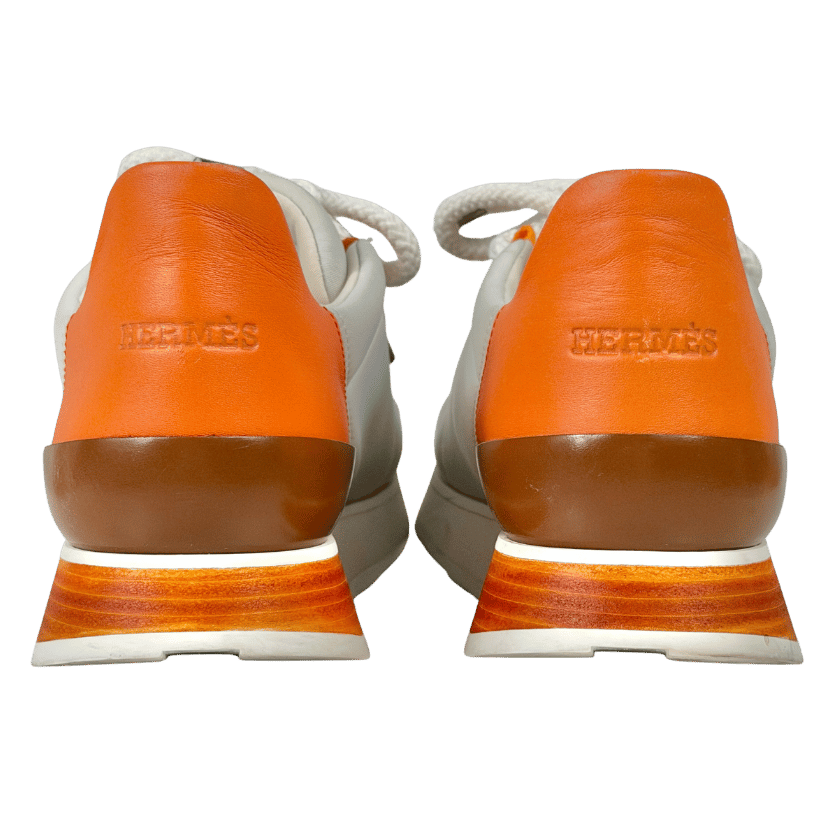 HERMES Miles White / Orange Leather And Neoprene Low Top Sneakers UK 5.5 EU 38.5