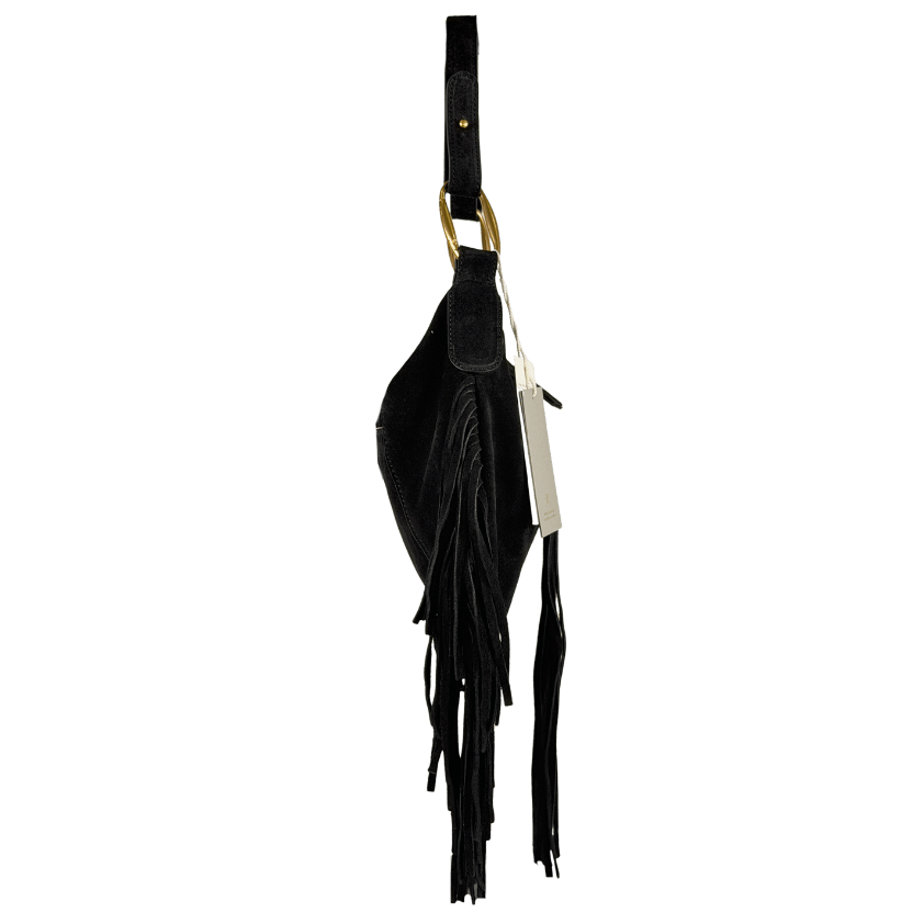 VANESSA BRUNO Black Epaule Fringed Suede Removable Strap Shoulder Bag One Size