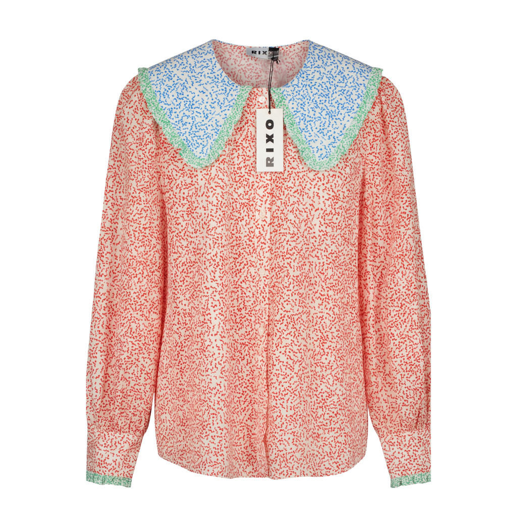 RIXO Squiggle Red Mix Long Sleeved Blouse With Frill Collar UK 10