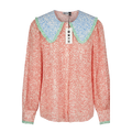 RIXO Squiggle Red Mix Long Sleeved Blouse With Frill Collar UK 10